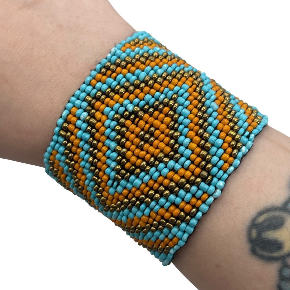 Vintage Handmade Beaded Cuff Bracelet Turquoise Orange Gold Geometric‎ Loomed